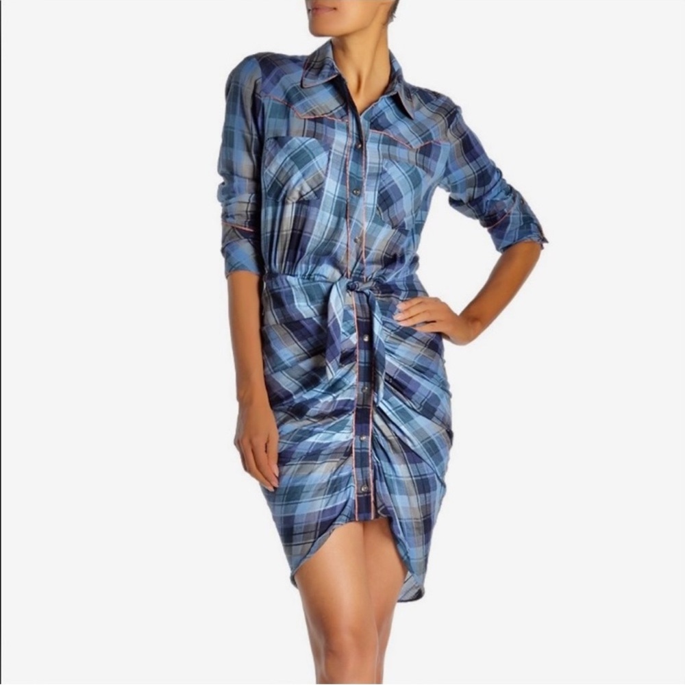 Veronica Beard Blue Sierra Plaid Long Sleeve Dress